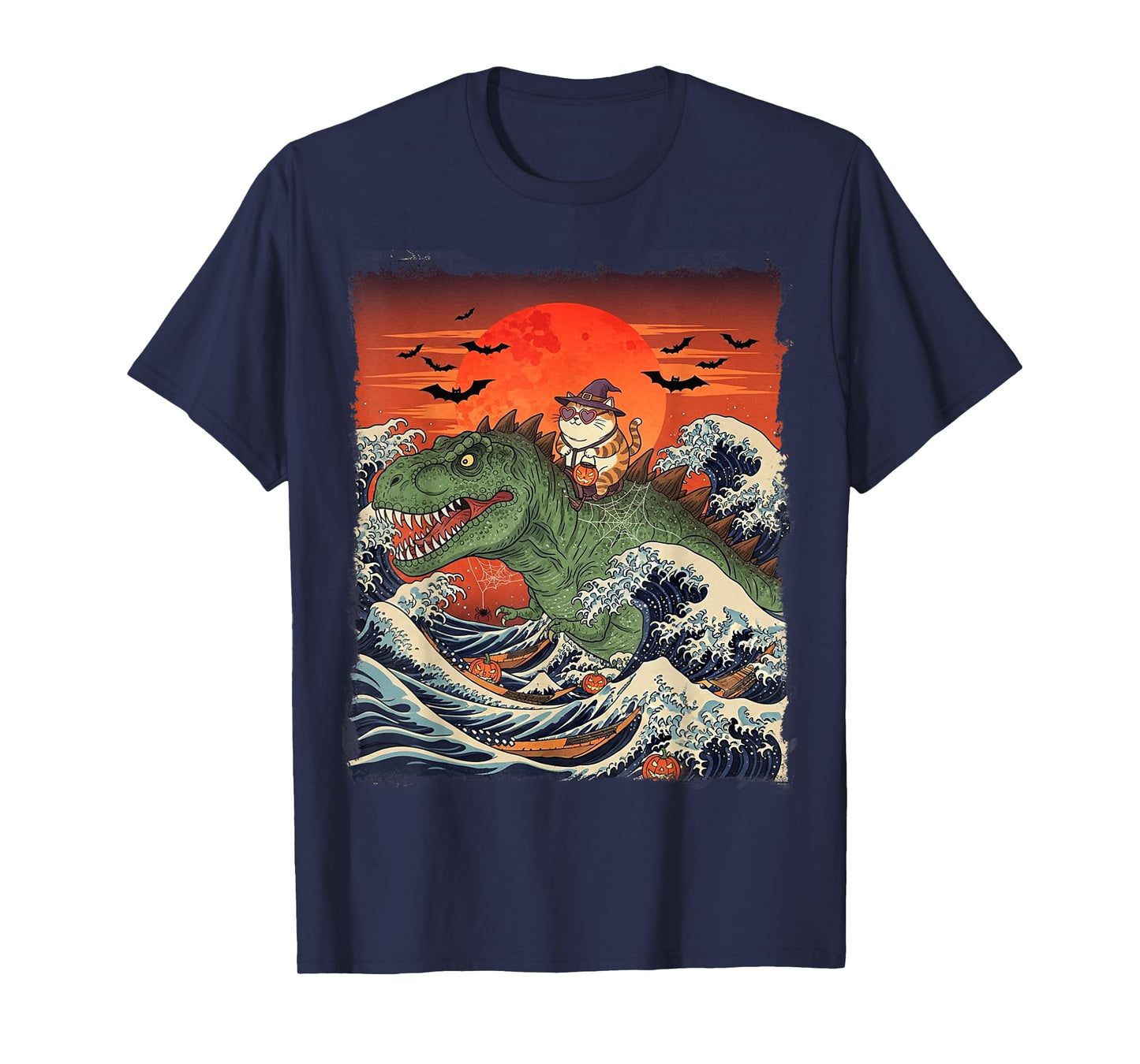 Funny Halloween Cat Witch Riding Dinosaur T-Rex Ukiyo-e Wave T-Shirt