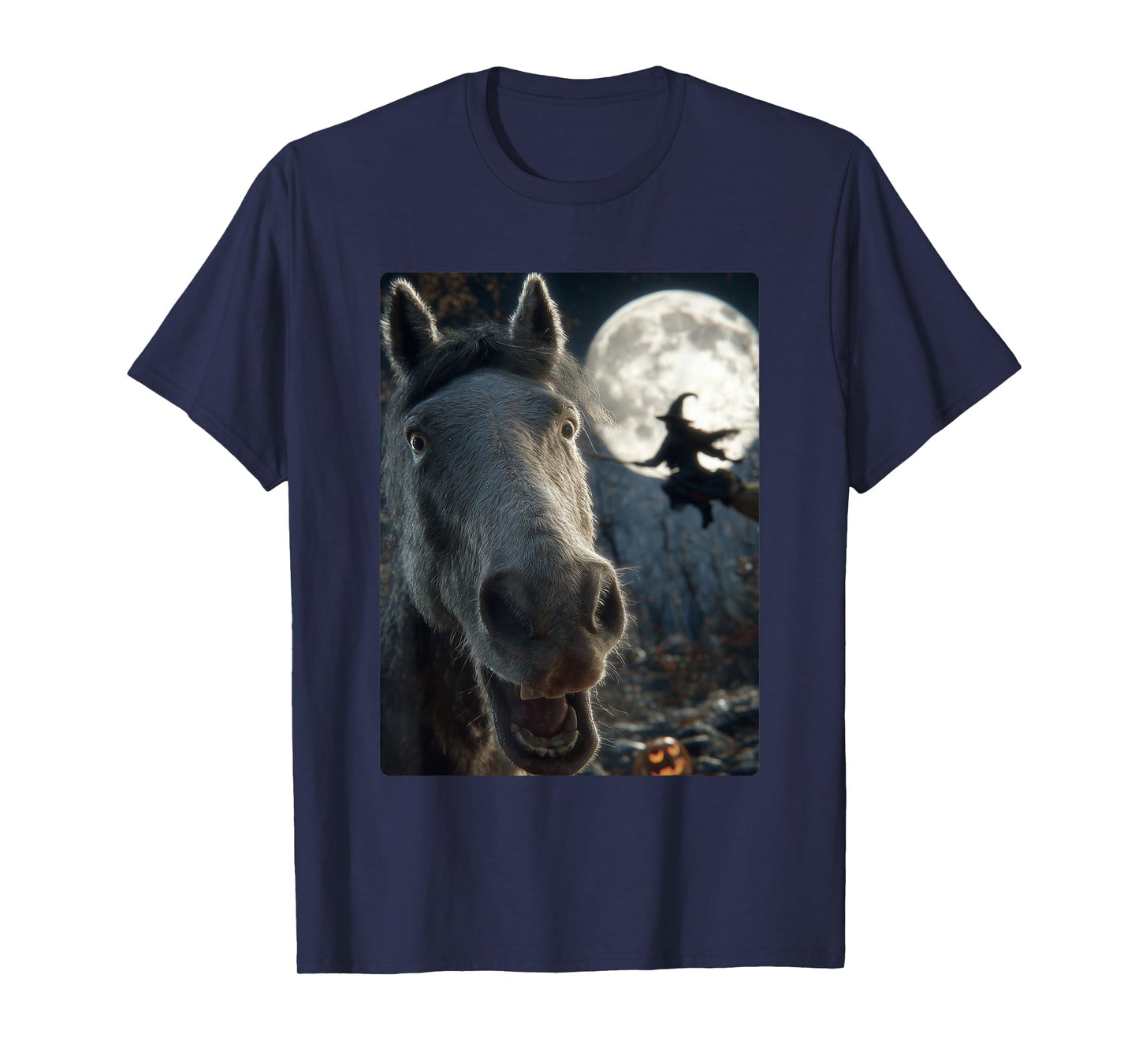 Funny Horse Selfie Full Moon Flying Witch Forest Halloween T-Shirt