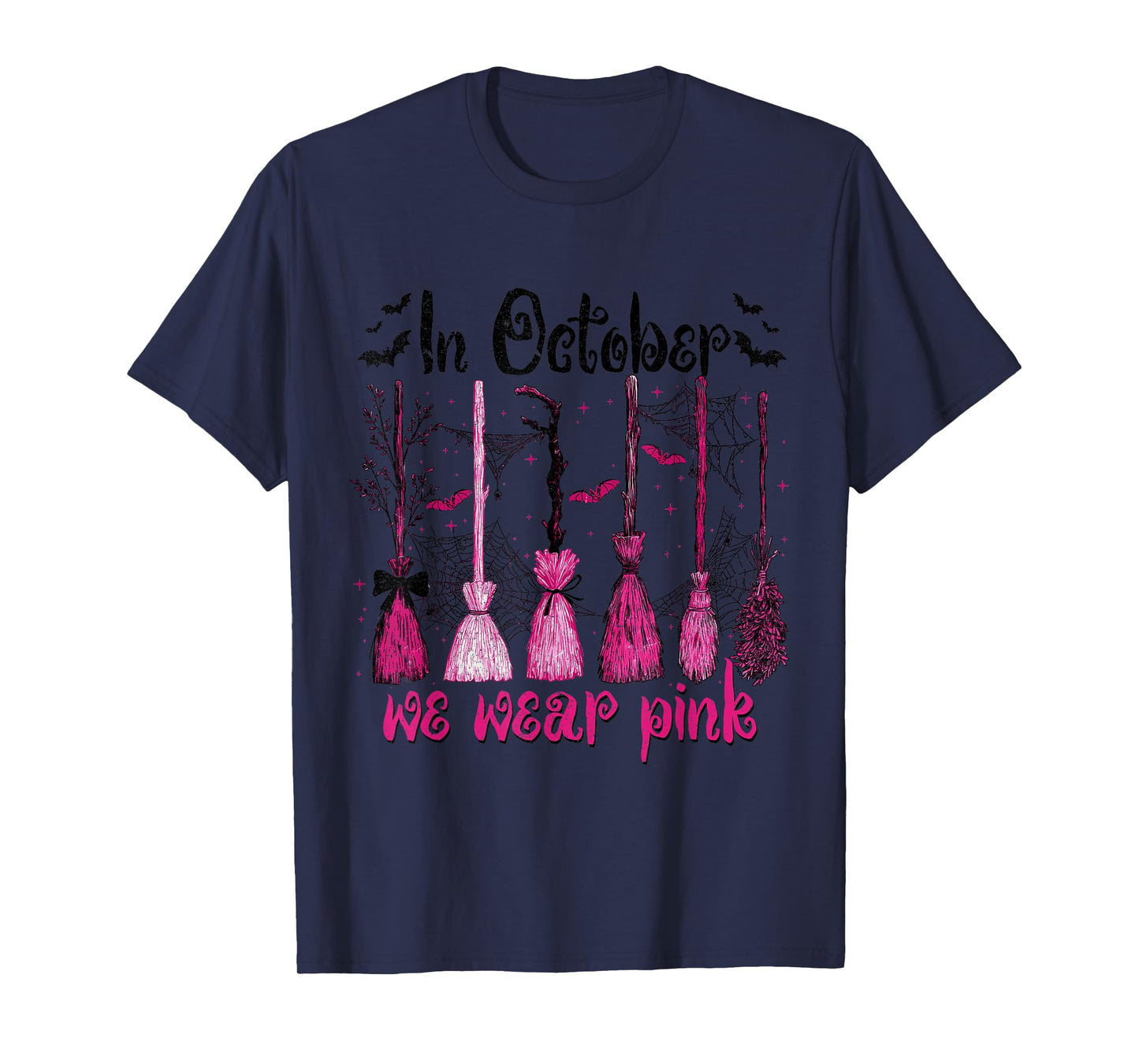 in October We Wear Pink Witches Brooms Spooky Breast Cancer T-Shirt