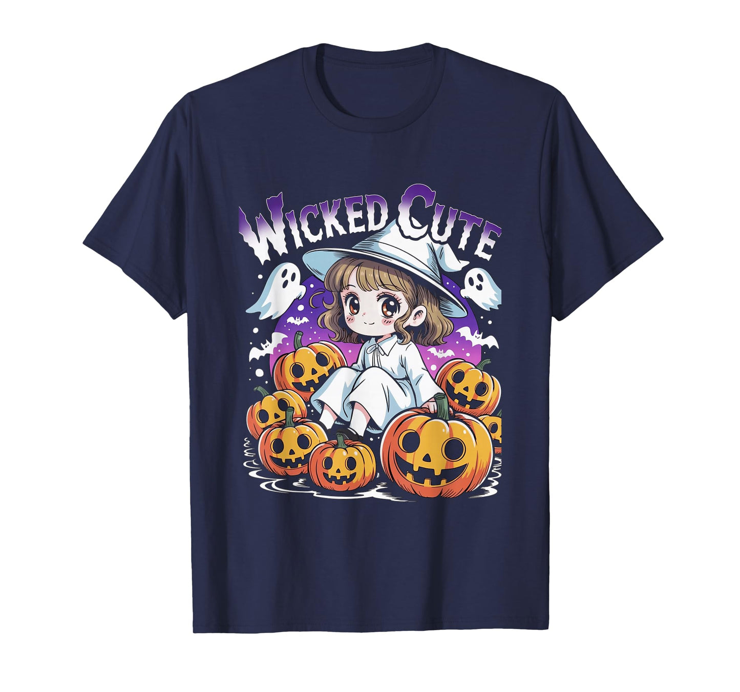 Halloween Anime Cute Witch Girls Pumpkin Bats Ghosts Kids T-Shirt