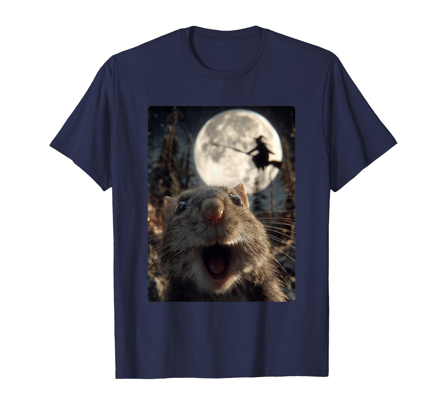 Funny Hamster Selfie Full Moon Flying Witch Forest Halloween T-Shirt