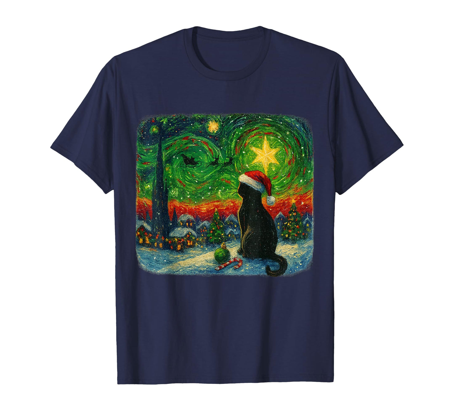 Funny Black Cat Merry Christmas Xmas Van Gogh Pajama Holiday T-Shirt
