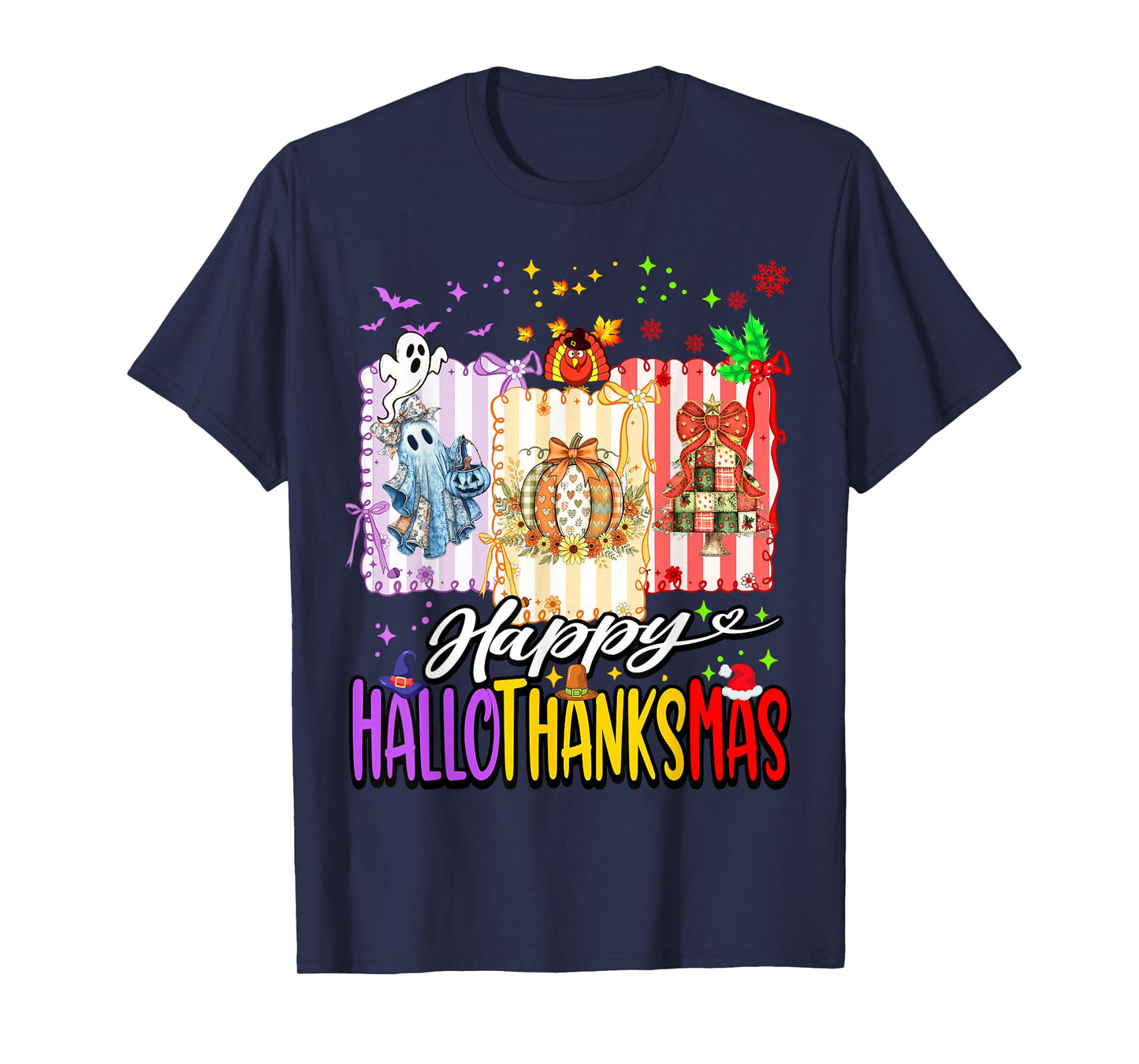 Happy Hallothanksmas Halloween Ghost Pumpkin Xmas Pine Tree T-Shirt
