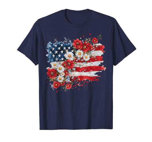 Retro Daisy Flower American Flag Patriotic Women 4th Of July T-Shirt