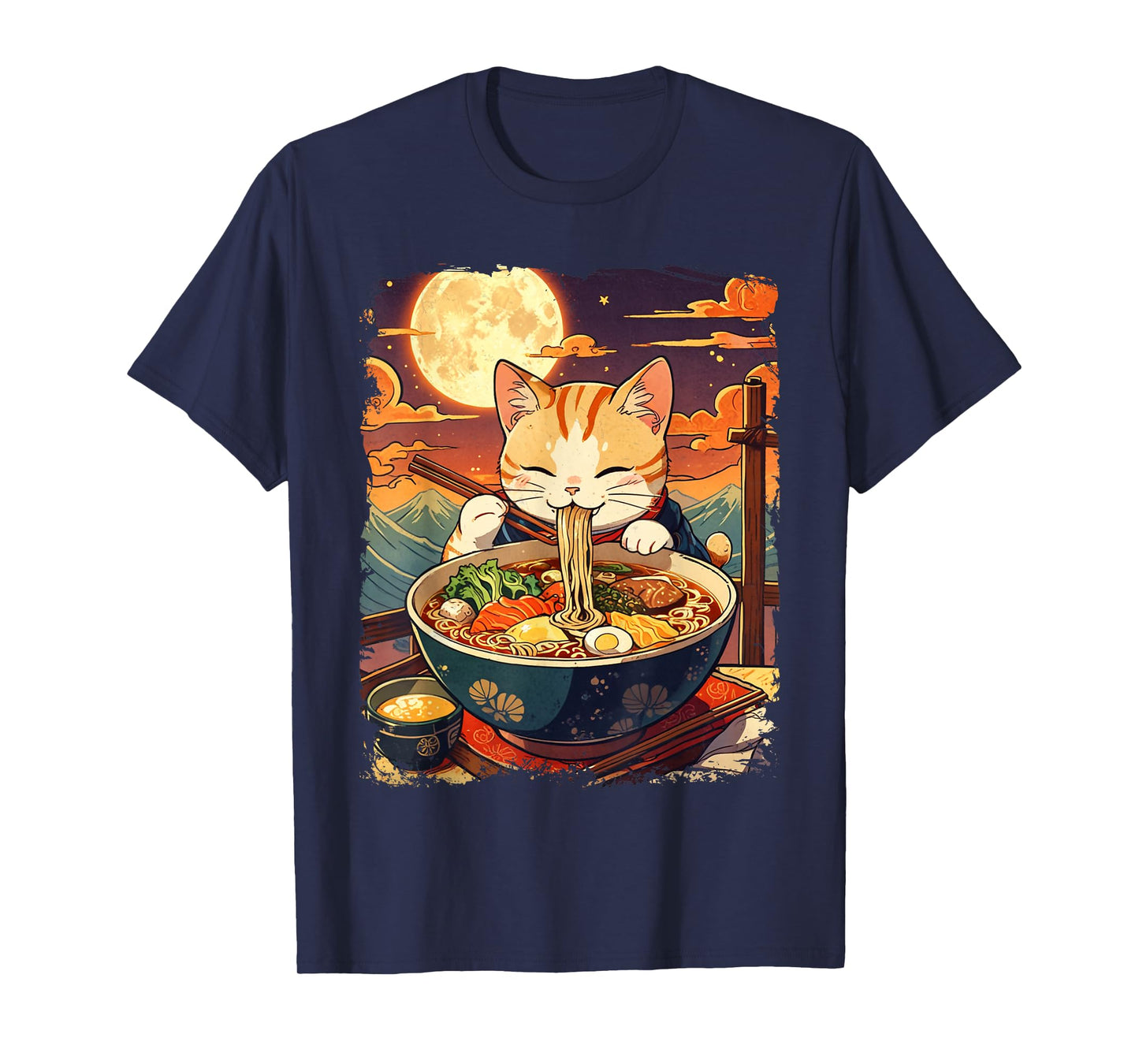 Cat Eating Ramen Japanese Noodles Vintage Ukiyo-e Art T-Shirt