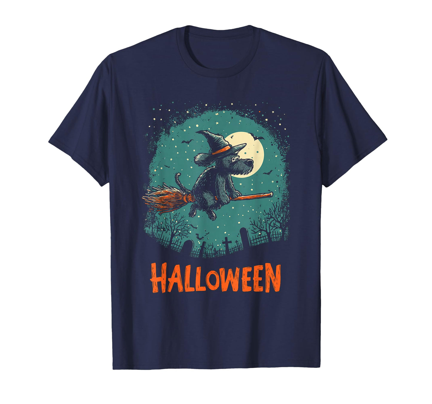 Scruffy Witch Dog & Moon Halloween Scene T-Shirt