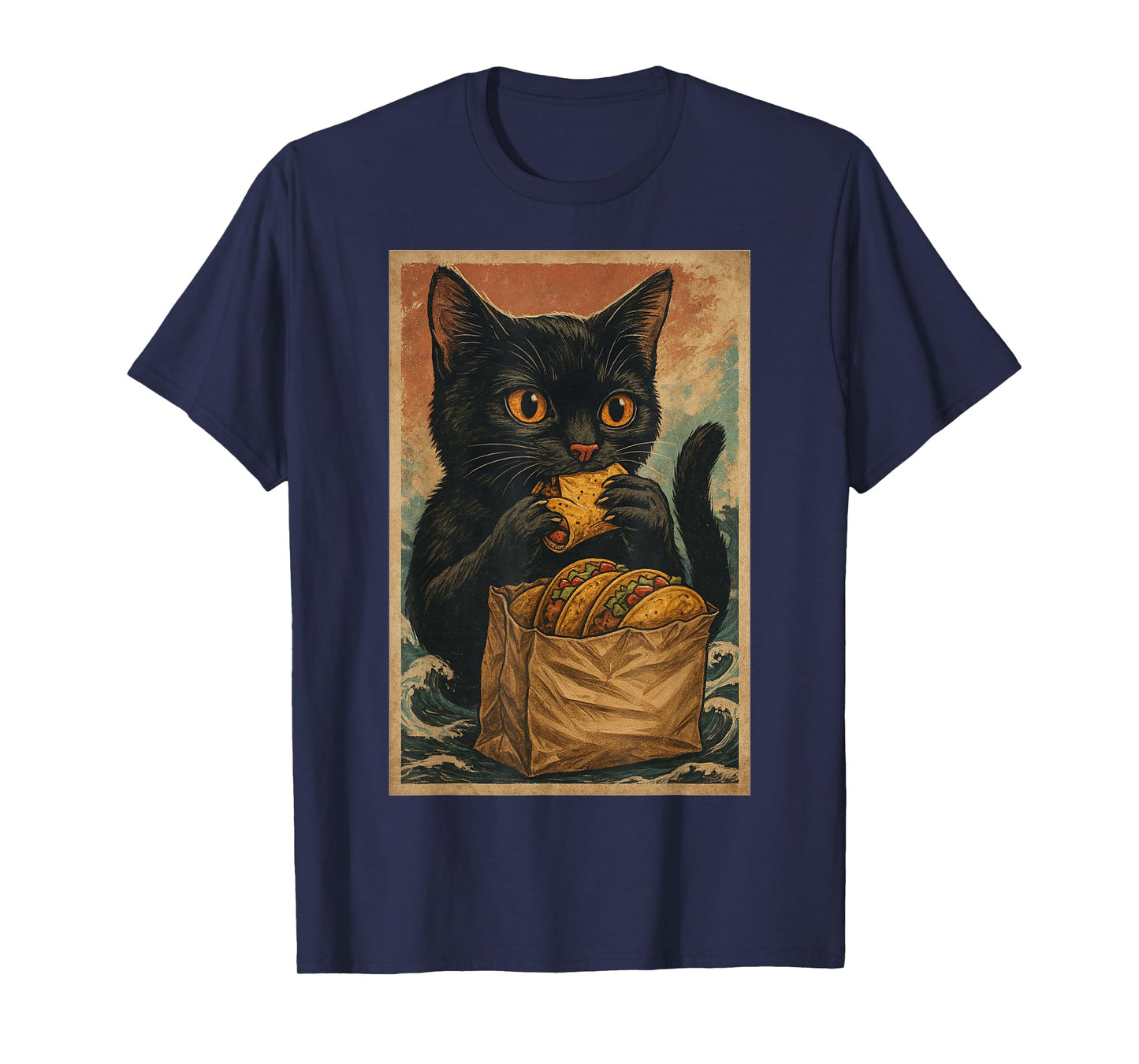 Funny Black Cat Eating Tacos Retro Japanese T-Shirt