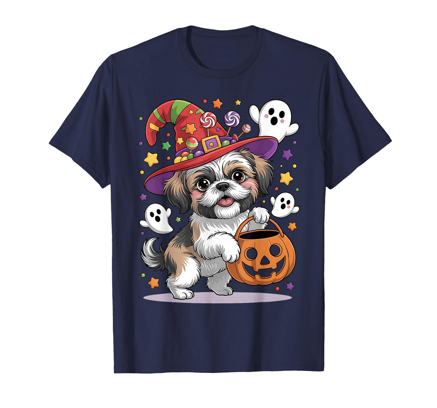 Shih Tzu Dog Pumpkin Ghost Candy Witch Halloween Costume T-Shirt