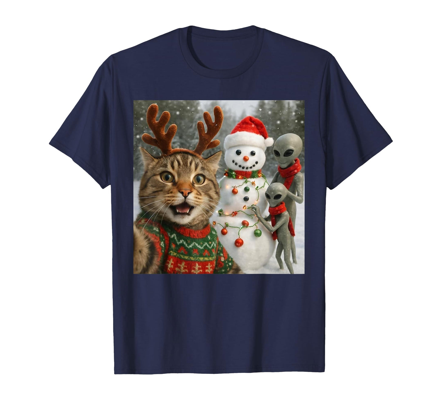 Funny Christmas Cat Selfie with Bigfoot Alien & Snowman T-Shirt