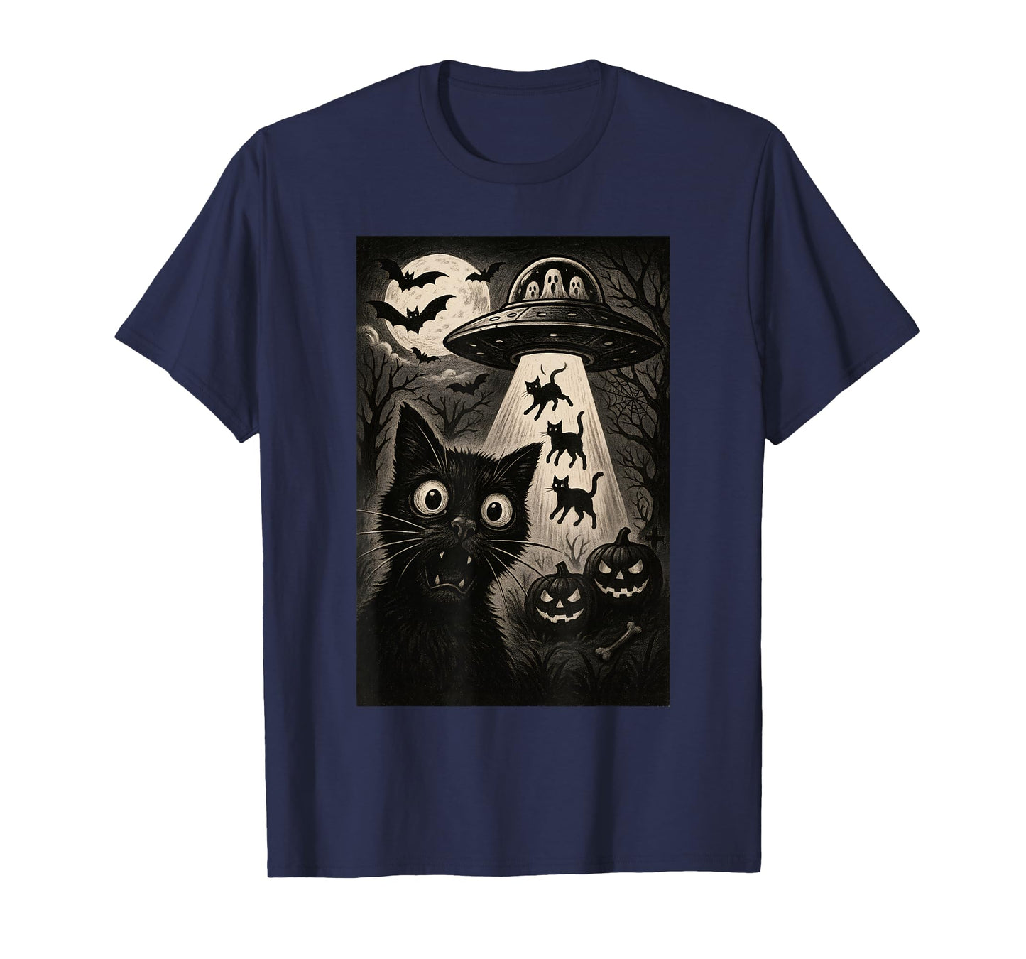 Halloween Cat Selfie Spooky Night Alien Abduction Cats UFO T-Shirt