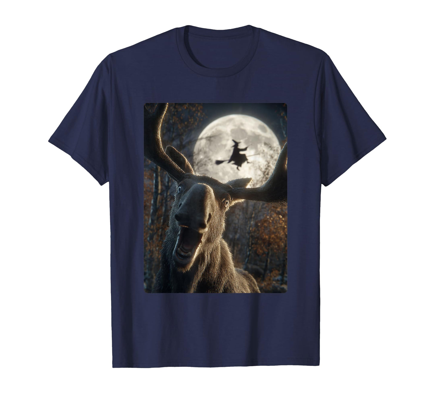 Funny Moose Selfie Full Moon Flying Witch Forest Halloween T-Shirt