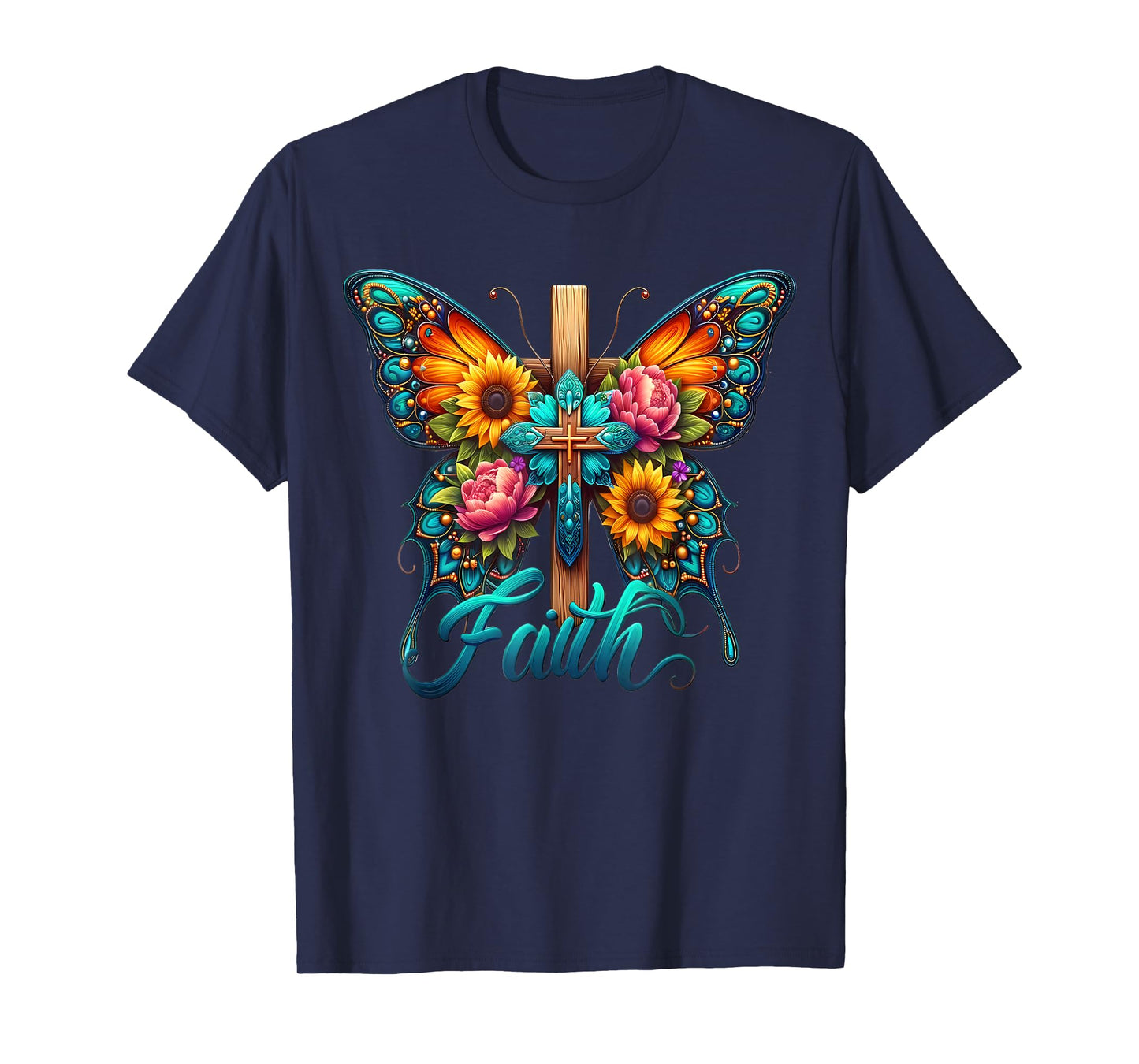 Faith Cross Sunflower Butterflies Flowers Christians Vintage T-Shirt