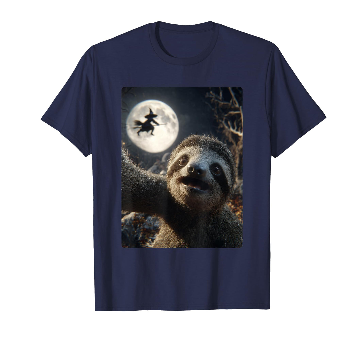 Funny Sloth Selfie Full Moon Flying Witch Forest Halloween T-Shirt