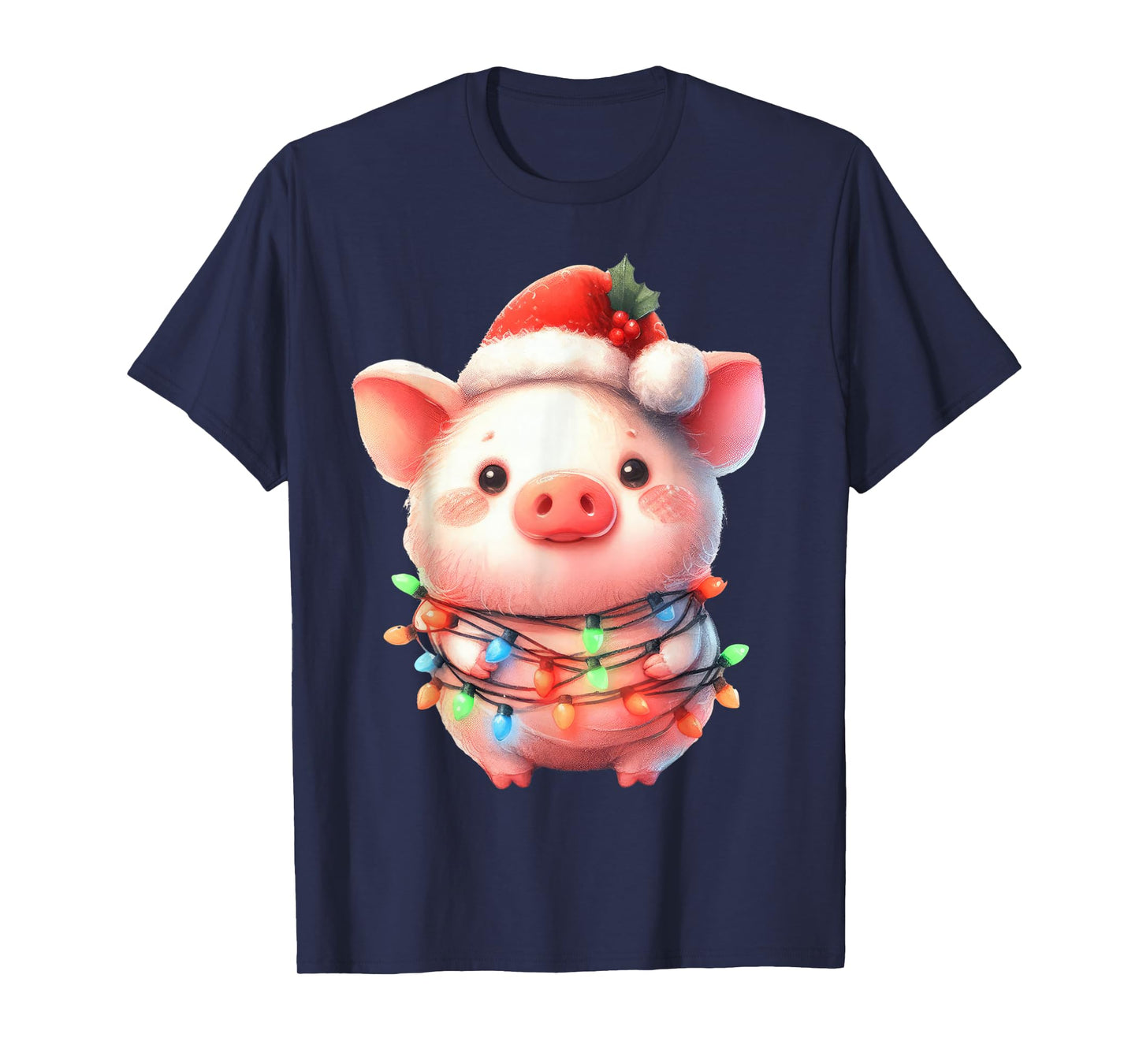 Pig Christmas Lights Funny Santa Hat Merry Xmas T-Shirt