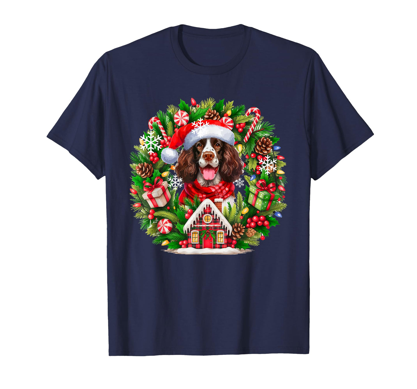 Santa English Springer Spaniel Christmas Floral Circle Owner T-Shirt
