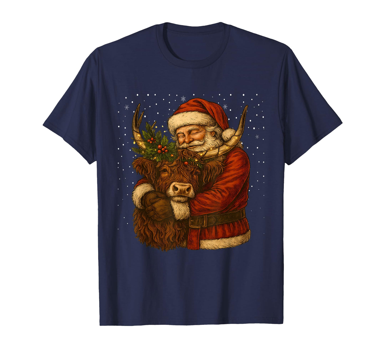 Santa Claus Hugging Highland Cow Christmas Farm T-Shirt