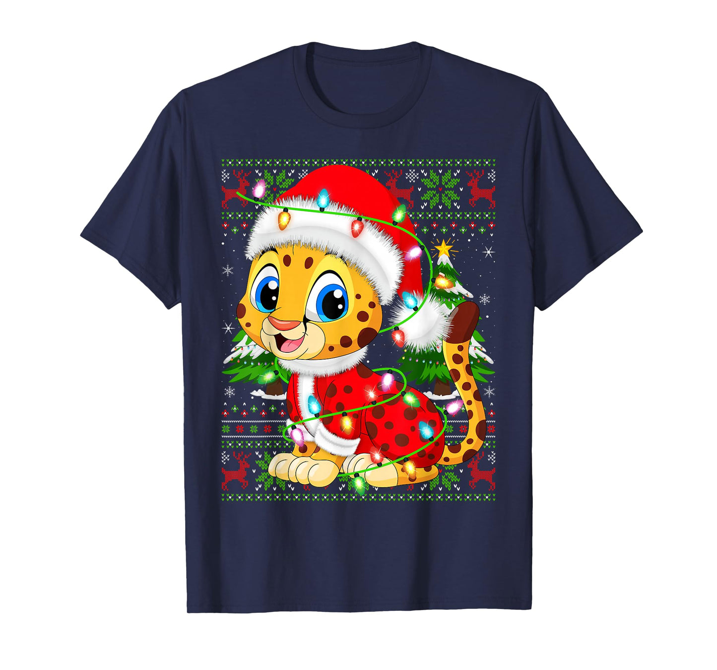 Cheetah Christmas Lights Santa Costume Ugly Xmas Sweaters T-Shirt
