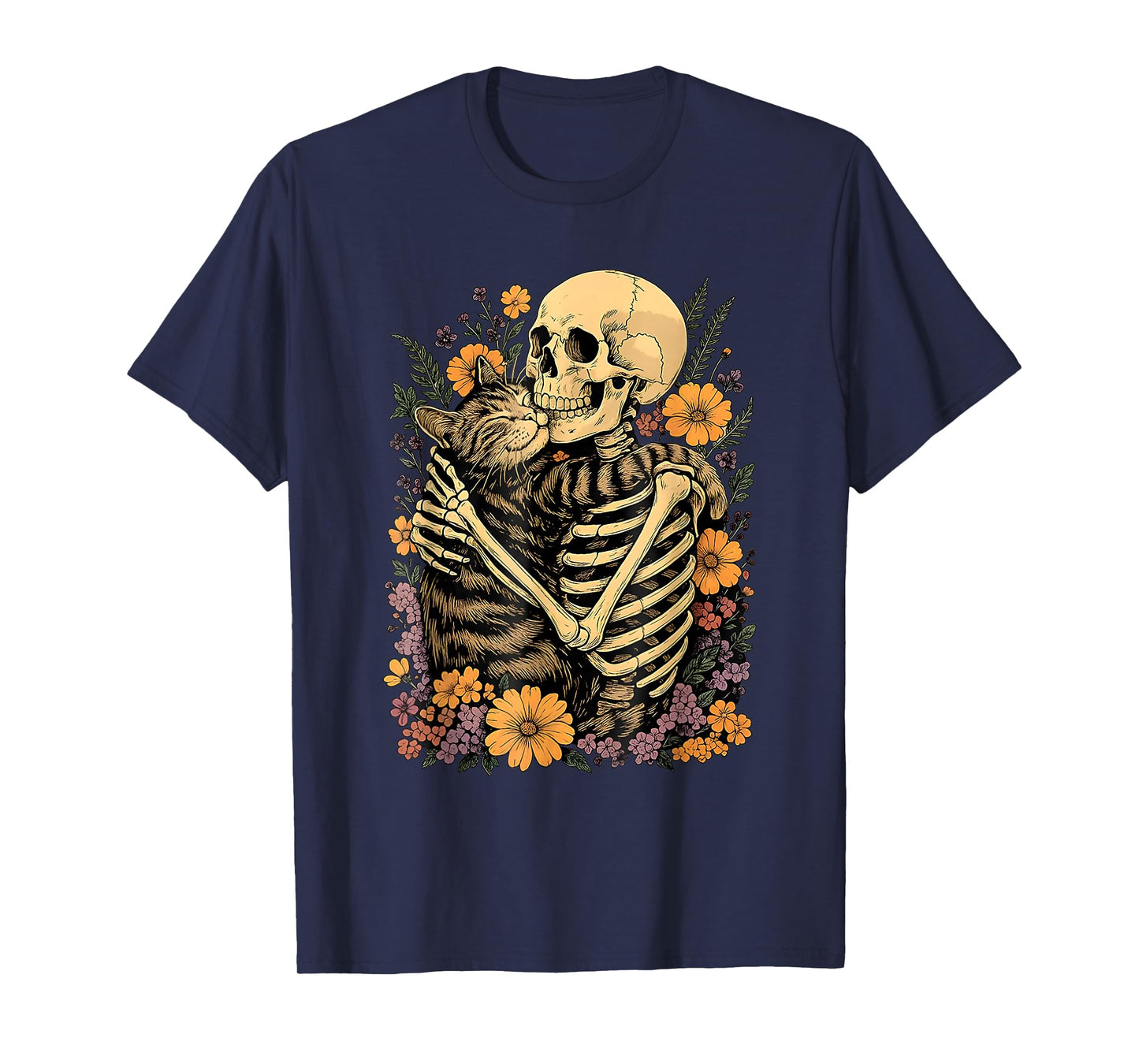 Floral Skeleton Hugging Cat Halloween Cat Lover Cat Mom T-Shirt
