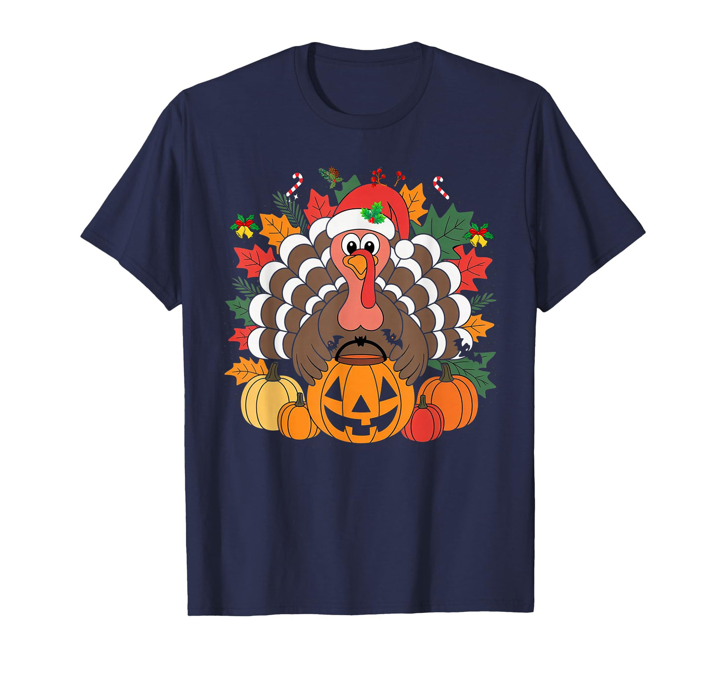 Funny HalloThanksMas Happy Thanksgiving Santa Turkey T-Shirt
