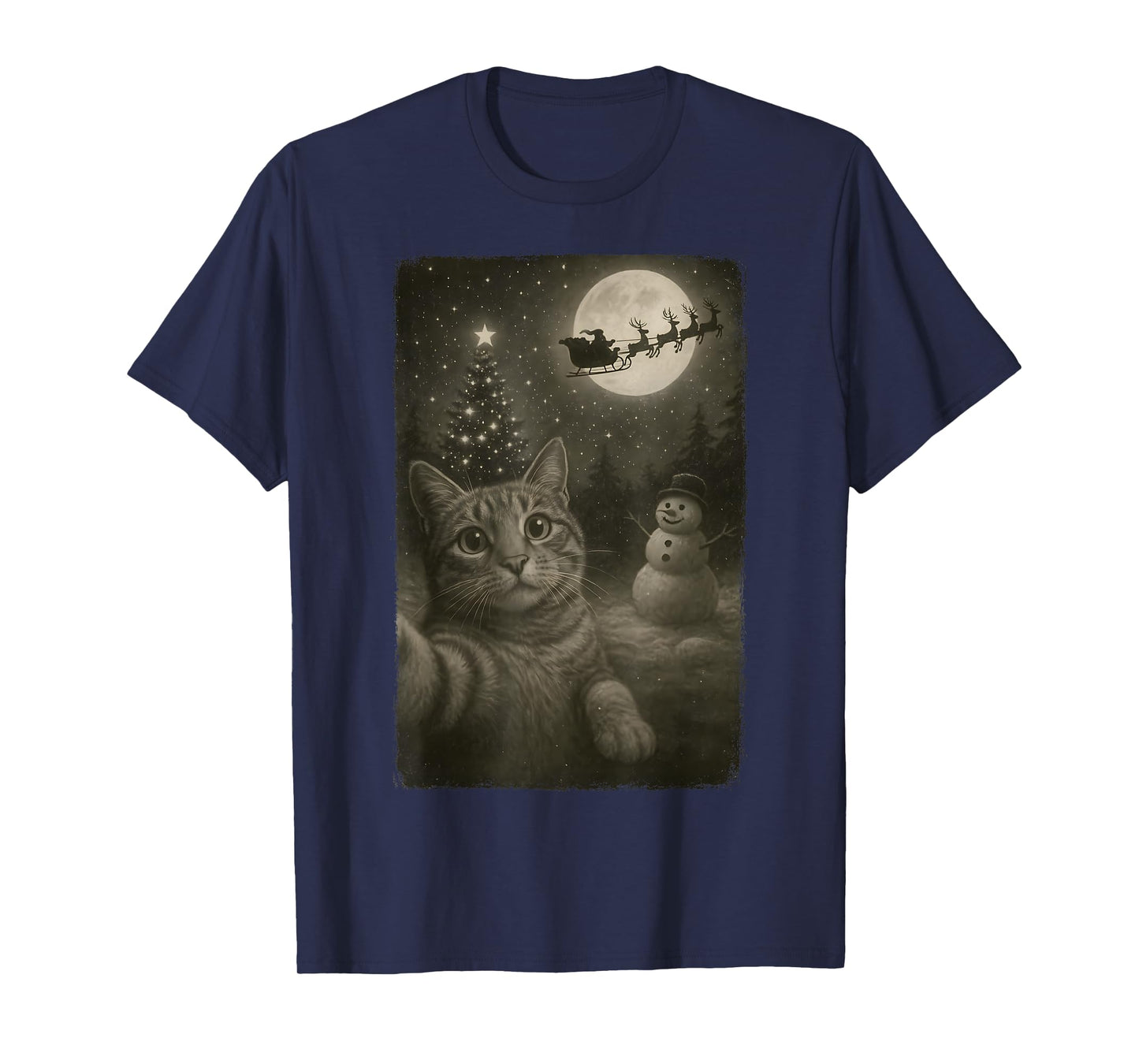Funny Cat Selfie Santa Snowman Vintage Christmas Party T-Shirt