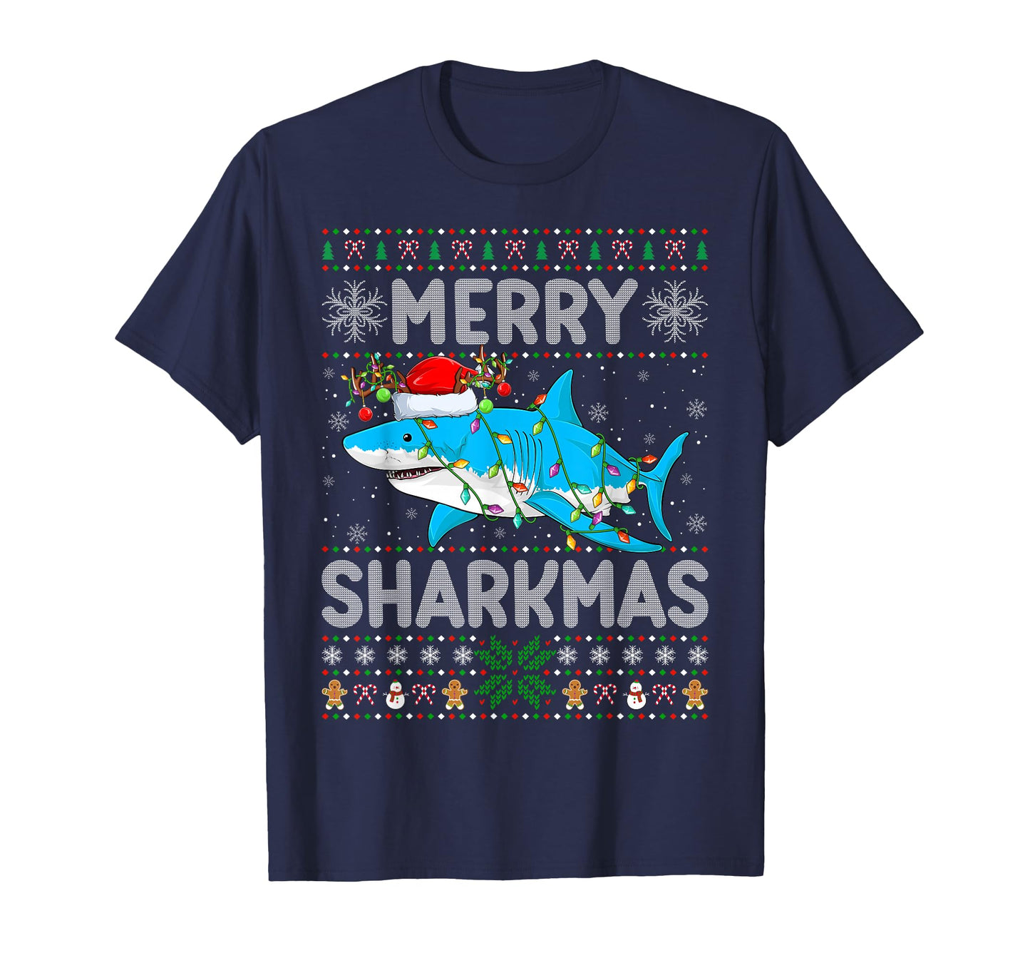 Shark Christmas Lights Ugly Sweater Style Shark Xmas Pajamas T-Shirt