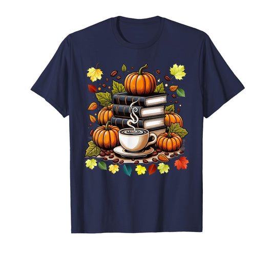Books Coffee Fall Leaves and Pumpkins Vintage Library T-Shirt