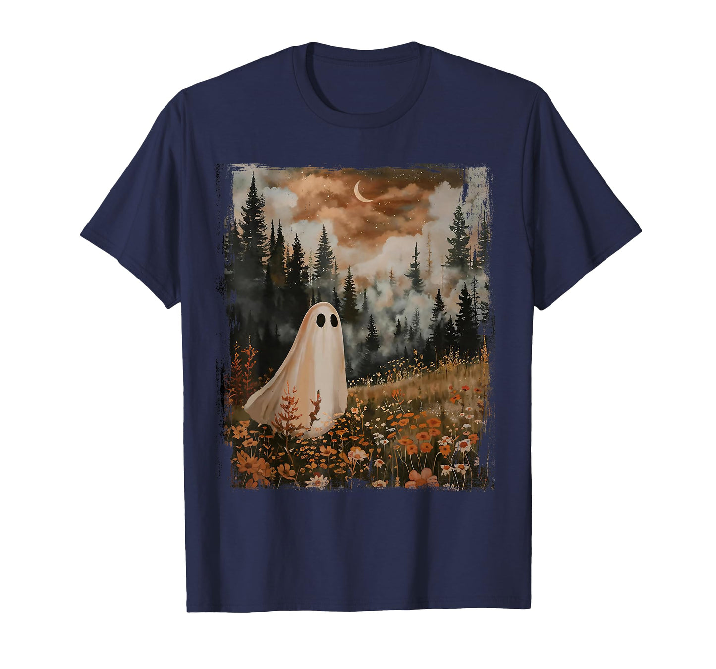 Spooky Season Halloween Ghost In The Flower Forest Vintage T-Shirt