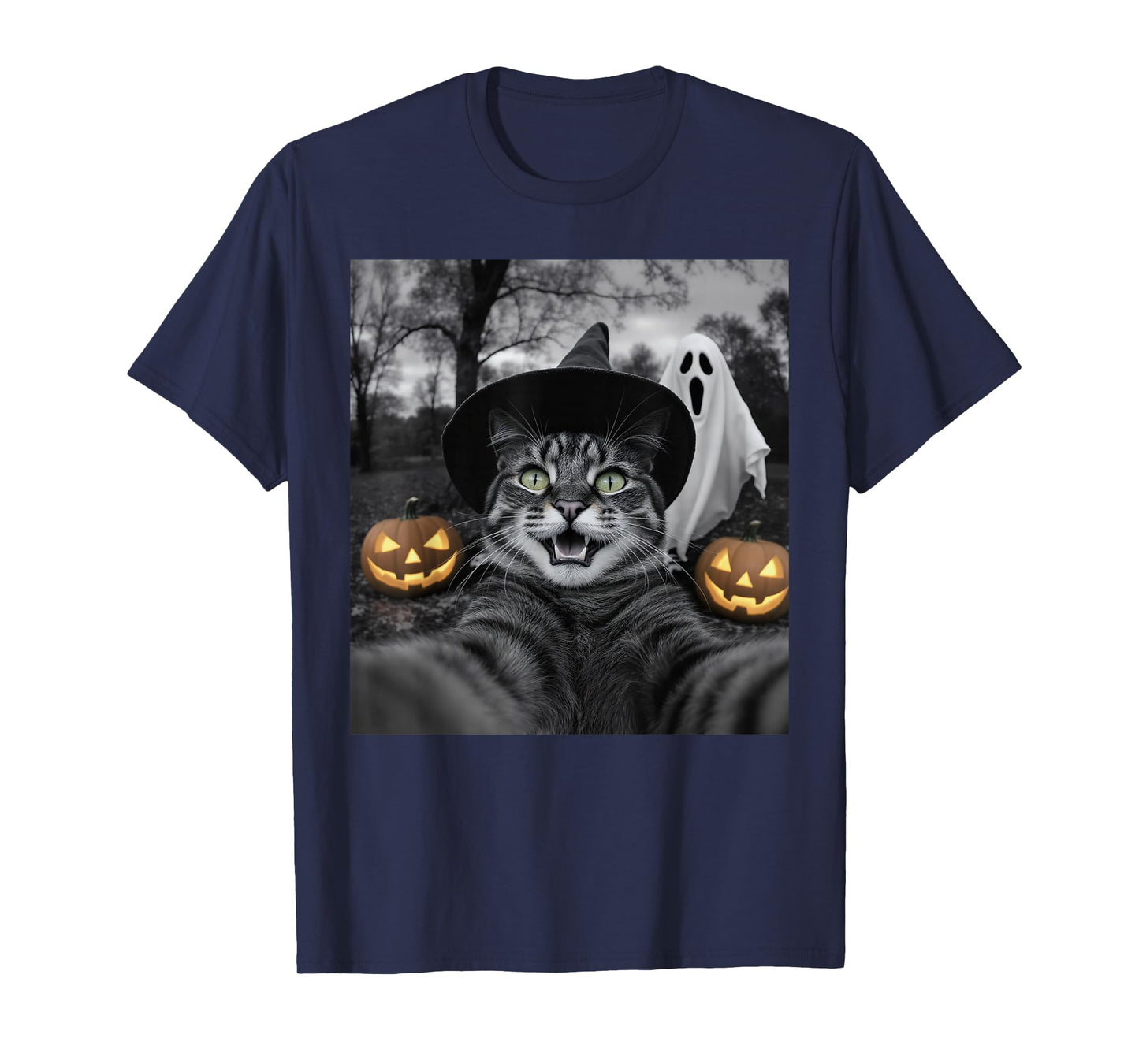 Funny Cat Selfie with a Witch & Ghost Scary Halloween T-Shirt