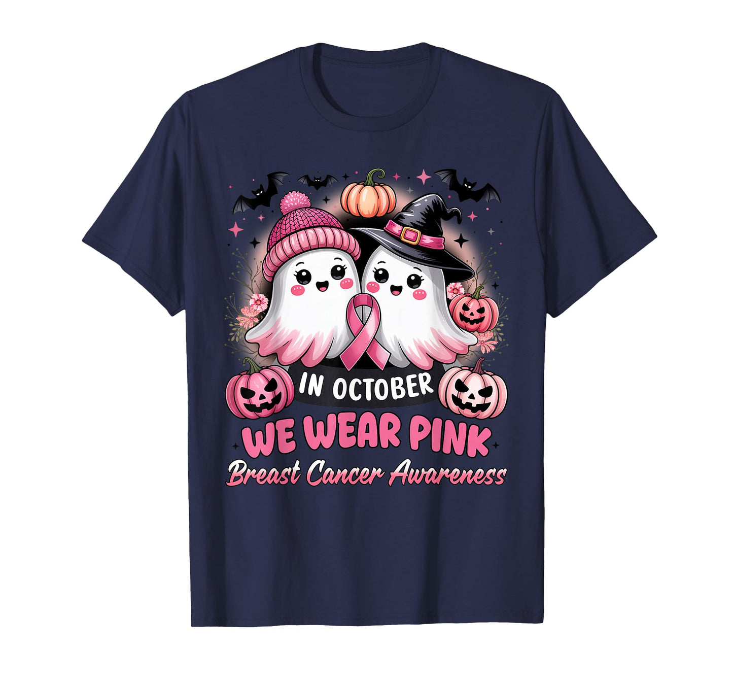 in October We Wear Pink Ghost Witch Breast Cancer Awareness T-Shirt