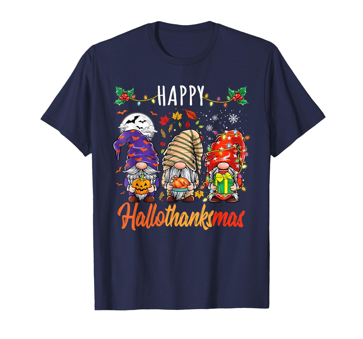 Happy Hallothanksmas Gnomes Lover Halloween Merry Christmas T-Shirt