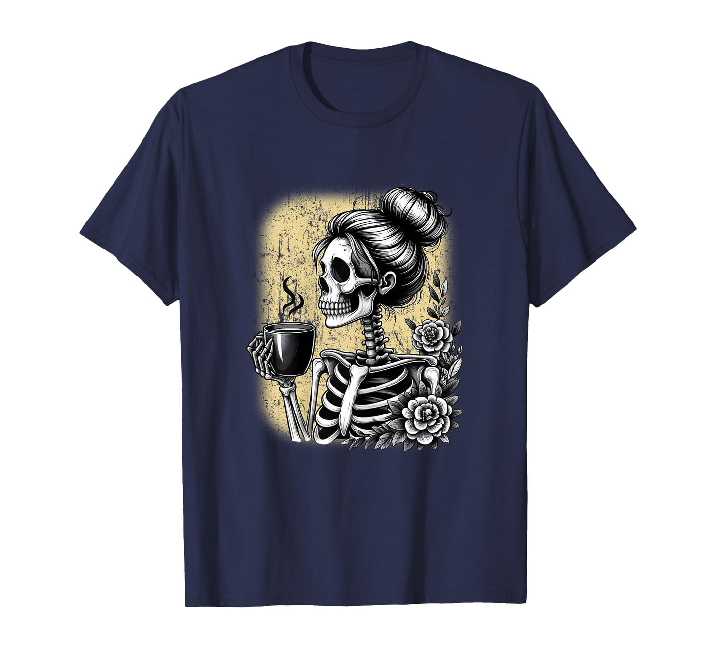 Messy Bun Skeleton Drinking Coffee Vintage Halloween Funny T-Shirt
