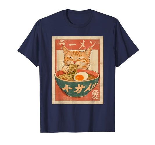 Cat Ramen Funny Vintage Graphic Tee Kawaii Japanese Anime T-Shirt