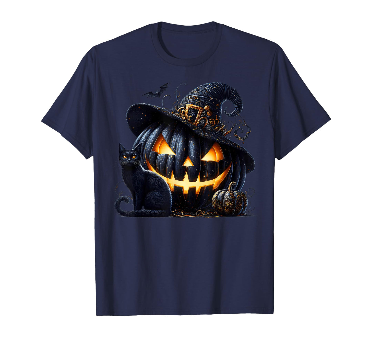 Black Pumpkin Face in Witch Hat with Witchy Halloween Cat T-Shirt
