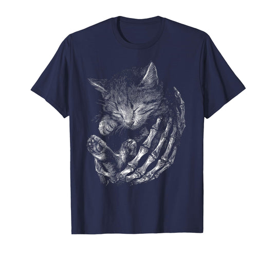 Vintage Skeleton Hand Hugging Kitten Halloween Cat T-Shirt