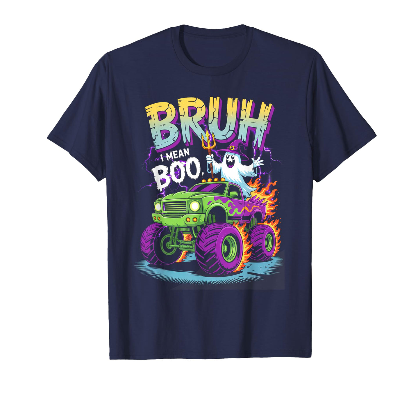 Bruh I Mean Boo Funny Ghost Halloween Monster Truck T-Shirt