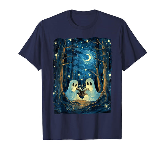 Starry Night Ghost Book Reading Camping Halloween Van Gogh T-Shirt