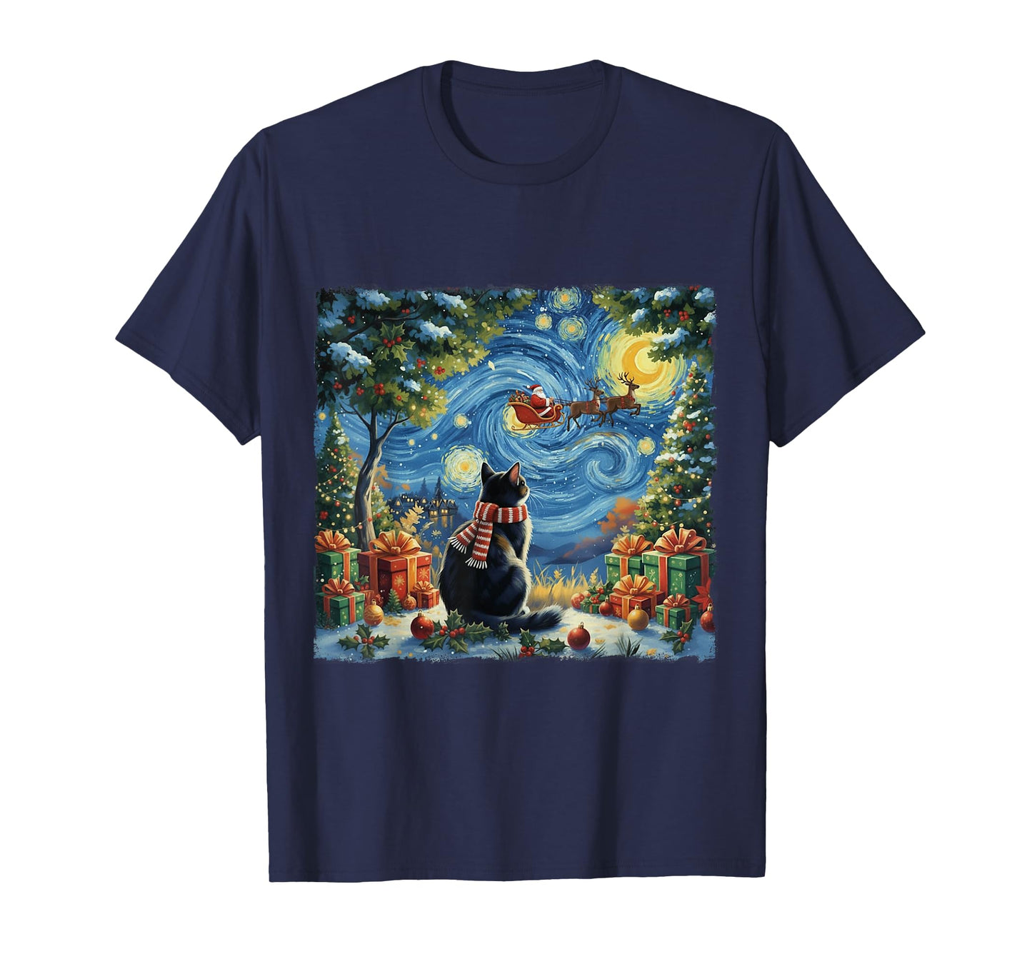 Christmas Cat Starry Night Holiday Van Gogh Xmas Santa Gifts T-Shirt