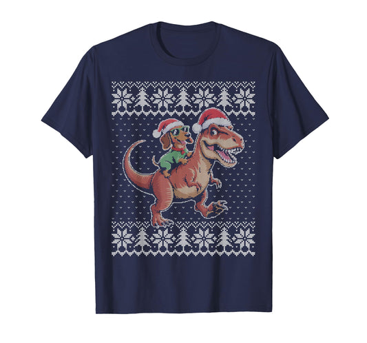 Dachshund Riding t rex Dinosaur Ugly Christmas Sweater T-Shirt