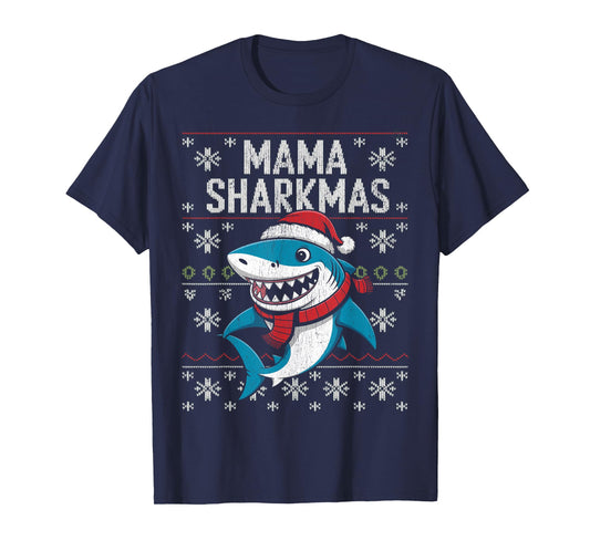 Mama Sharkmas Funny Shark Santa Hat Ugly Christmas Sweater T-Shirt