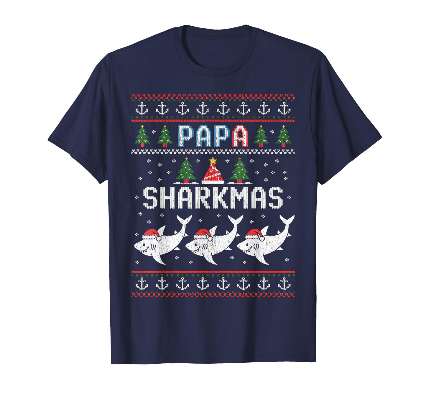 Papa Sharkmas Funny Shark Santa Hat Ugly Christmas Sweater T-Shirt