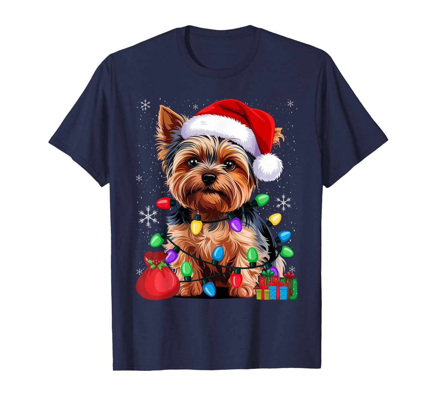 Yorkshire Christmas Yorkie Dog Santa Hat Lights T-Shirt