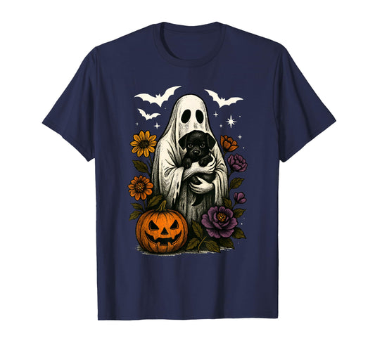 Floral Ghost Black Dog Coquette Funny Halloween Design T-Shirt