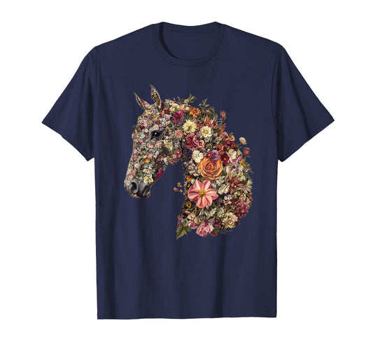 Horse Lover Gifts Floral Horse T-Shirt - Unisex-Adult, Classic Fit, Black, Small, Short Sleeve, Cotton Blend, Floral Pattern
