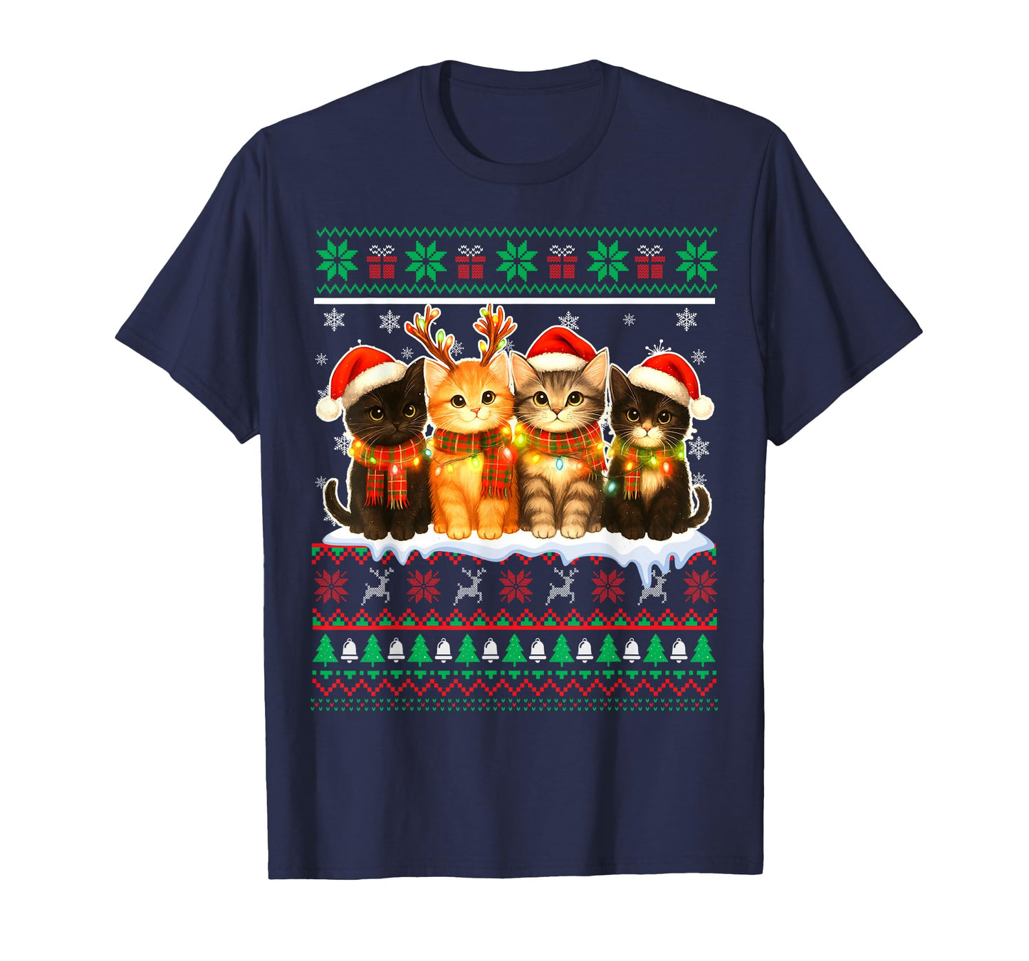 Cat Christmas Light Reindeer Santa Christmas Cat Lover Xmas T-Shirt