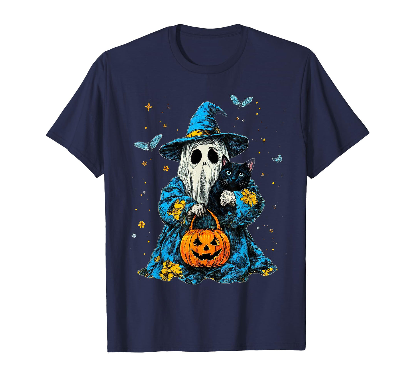 Cute Ghost and Black Cat Boo Groovy Floral Halloween 2025 T-Shirt