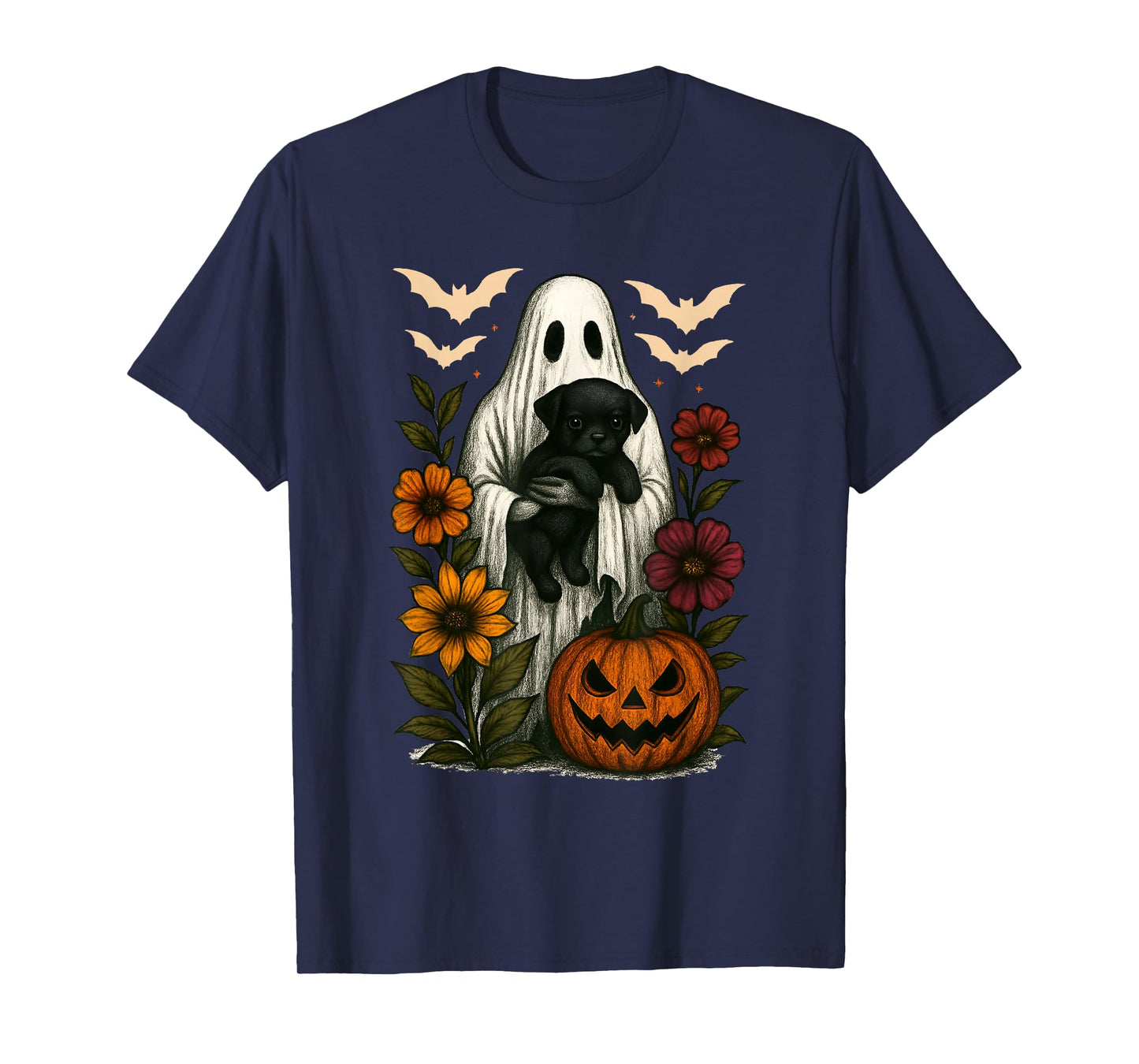 Floral Ghost Black Dog Coquette Funny Halloween Design T-Shirt