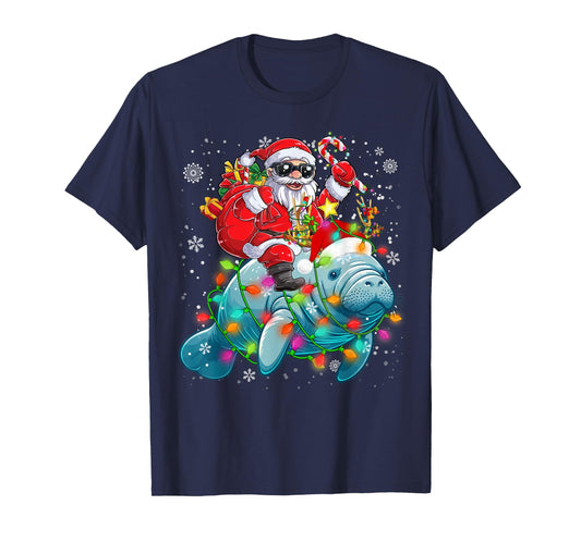 Santa Riding Manatee Reindeer Christmas Lights Sea Animal T-Shirt