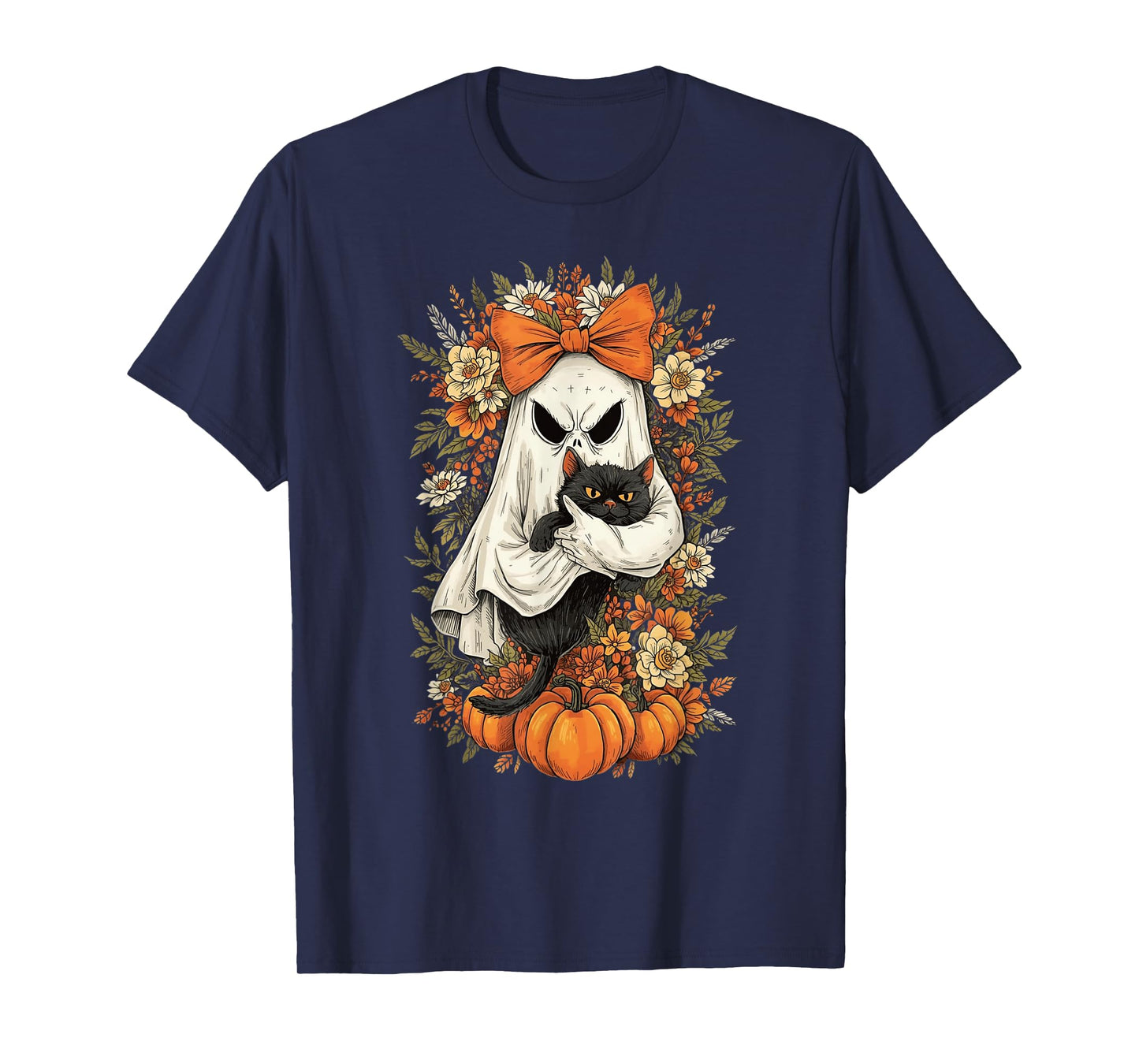 Vintage Halloween Ghost Holding Black Cat Groovy Floral T-Shirt