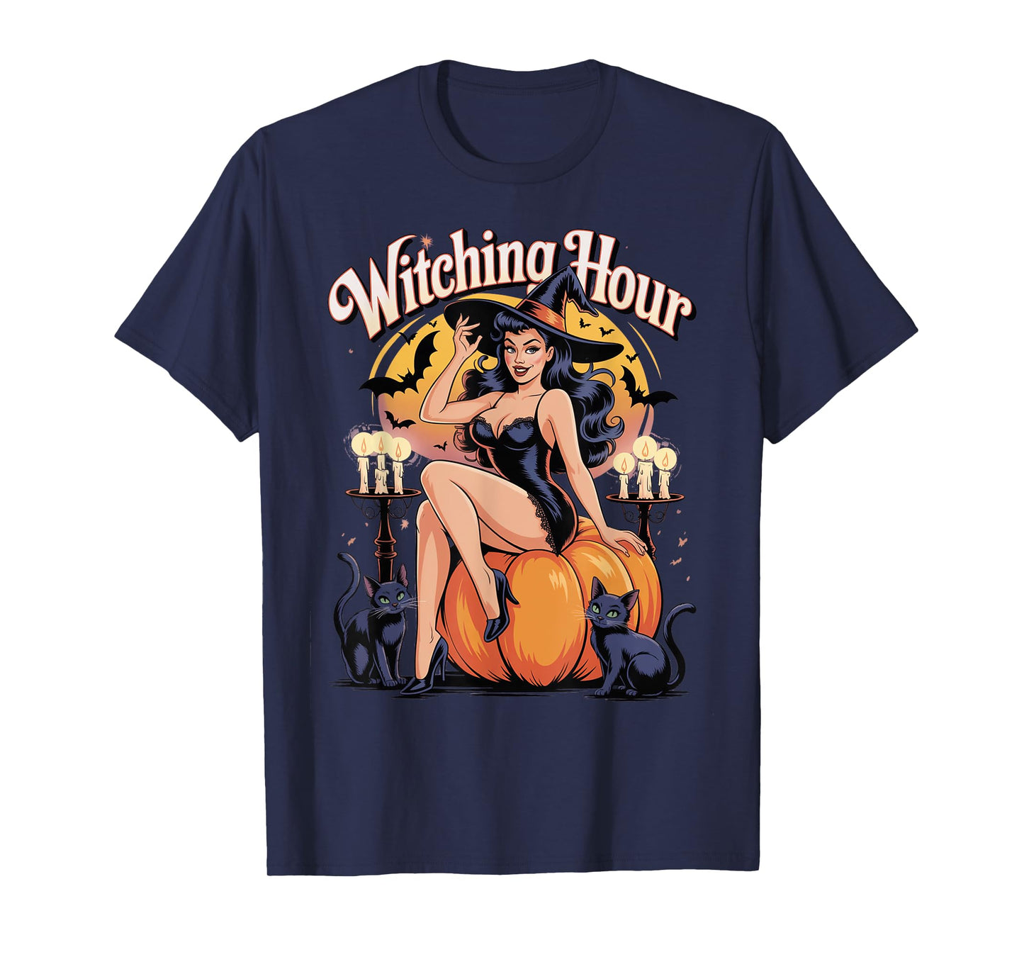 Vintage Halloween Witch Pin Up Girl Sexy Pumpkin Black Cat T-Shirt