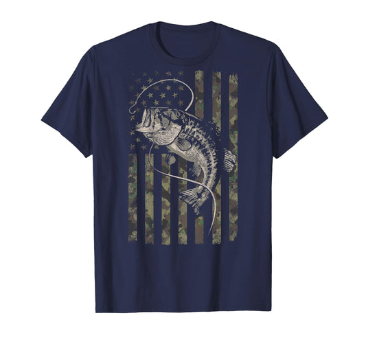 Fishing Camo American Flag Bass Fish (Design on Back) T-Shirt
